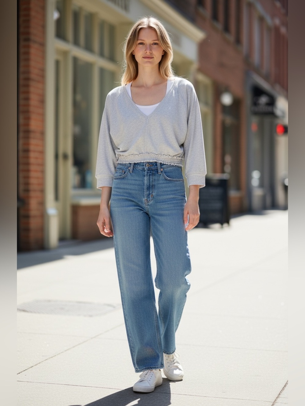 Saturday/Sunday Anthropologie Gray Cropped V-Neck Smocked Sweatshirt